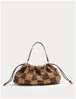 Straw Check Drawstring Beach Bag