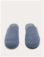 M&S Linen Striped Mule Slippers Mid Blue