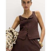 M&S Linen Rich Lace Insert Button Detail Blouse Peat