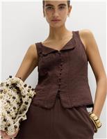 M&S Linen Rich Lace Insert Button Detail Blouse Peat