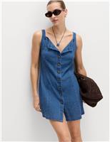Linen Rich Square Neck Button Through Mini Shift Dress