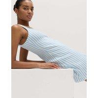 M&S Linen Rich Striped Mini Shift Dress Blue Mix