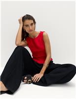 Slash Neck Shirred Top with Linen