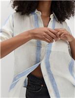 M&S Pure Linen Striped Shirt Dark Brown Mix