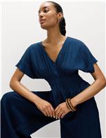 M&S Linen Rich V-Neck Waisted Top Dark Indigo