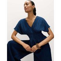 M&S Linen Rich V-Neck Waisted Top Dark Indigo