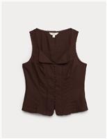 Linen Rich Lace Insert Button Detail Blouse