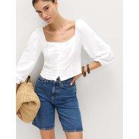 M&S Linen Rich Puff Sleeve Top White