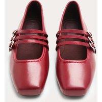 M&S Leather Triple Strap Mary Jane Ballet Pumps Dark Red
