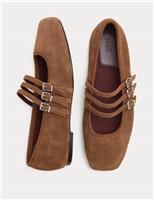 M&S Suede Triple Strap Mary Jane Ballet Pumps Brown