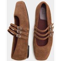 M&S Suede Triple Strap Mary Jane Ballet Pumps Brown