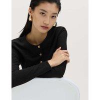 M&S Textured Button Detail Peplum Top with Cotton Black