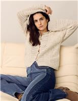 Cotton Blend Crochet Look Collared Cardigan