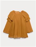 Sheer Ruffle Shoulder Pintuck Blouse