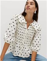 Linen Rich Patterned Shirred Blouse