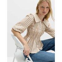 M&S Linen Rich Patterned Shirred Blouse Natural Mix