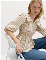 Linen Rich Patterned Shirred Blouse