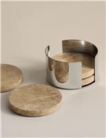 M&S Set of 4 Stone Coasters with Holder Ecru