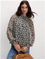 Sheer Floral Printed Long Blouson Sleeve Blouse