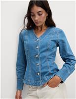 Pure Cotton Denim V-Neck Buttoned Slim Fit Shirt