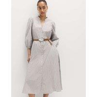 M&S Pure Cotton Striped V-Neck Midi Shirt Dress Grey Mix