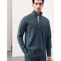 Autograph Pure Cotton Textured Striped Half Zip Jacket Dark Petrol