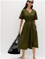 M&S Pure Cotton V-Neck Midi Waisted Dress Dark Khaki