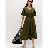 M&S Pure Cotton V-Neck Midi Waisted Dress Dark Khaki