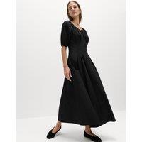 M&S Pure Cotton Pleated Midi Waisted Tea Dress Black
