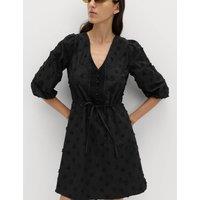 M&S Pure Cotton Embroidered V-Neck Mini Waisted Dress Black