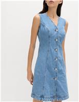 M&S Denim V-Neck Button Through Mini Shift Dress Denim