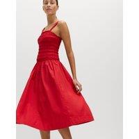 M&S Pure Cotton Shirred Midi Cami Dress Red
