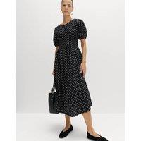 M&S Cotton Rich Printed Puff Sleeve Midi Waisted Dress Black Mix