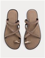 Suede Strappy Flat Toe Loop Sandals