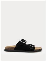 Suede Double Buckle Footbed Mules