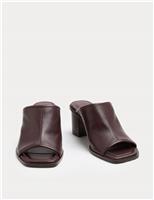 Leather Block Heel Peep Toe Mules