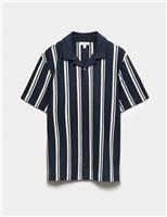 M&S Cotton Rich Striped Seersucker Polo Shirt Navy