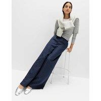 M&S Pinstripe Elasticated Waist Wide Leg Trousers Navy Mix