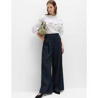 M&S Single Pleat Wide Leg Trousers with Linen Midnight Navy