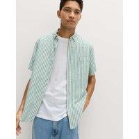 M&S Regular Fit Linen Rich Short Sleeve Shirt Green Mix
