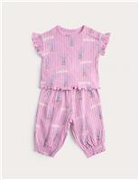 M&S 2 Piece Pure Cotton Seersucker Printed Outfit (0-3 Yrs) Soft Magenta