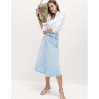 M&S Pure Cotton Denim Asymmetric Midi Wrap Skirt Light Indigo