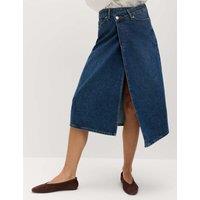 M&S Pure Cotton Denim Asymmetric Midi Wrap Skirt Medium Indigo