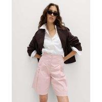 M&S Cotton Rich High Waisted Pleat Front Bermuda Shorts Pink