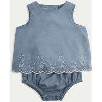 M&S 2 Piece Pure Cotton Embroidered Outfit (0-12 Mths) Dark Petrol