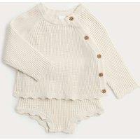 M&S 2 Piece Pure Cotton Knitted Outfit (7lbs-12 Mths) Light Natural