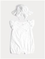 2 Piece Pure Cotton Romper & Hat Outfit (0-18 Mths)