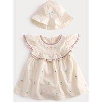 M&S 2 Piece Pure Cotton Floral Dress & Hat Outfit (0-2 Yrs) Light Cream