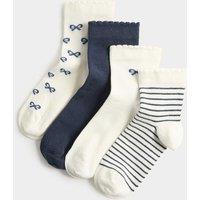 M&S 4 Pack Cotton Rich Bow & Striped Socks (6 Small-7 Large) Navy Mix