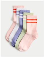 M&S 5 Pack Ankle Stripe Cotton Rich Socks (6 Small - 7 Large) Pink Mix